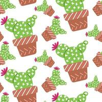 Cute seamless cactus pattern with plant pot on white background. Vector image of a flower prickly houseplant scattered rotated in different directions. Green cactus for printing on textiles and paper