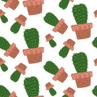 Cute seamless cactus pattern with plant pot on white background. Vector image of an elongated, prickly houseplant scattered rotated in different directions Green cactus for printing on textiles, paper