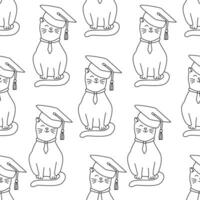 A cute cat with a graduate hat. Vector doodle seamless pattern on white background.