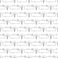 eléctrico circuito con incandescente lámpara o bulbo sin costura modelo. vector garabatear mano dibujado ilustración en blanco antecedentes. física Ciencias electricidad.