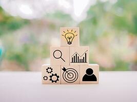 Wooden block with  business strategy icons, Action plan and business process management concept. photo