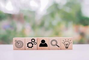 Wooden block with  business strategy icons, Action plan and business process management concept. photo