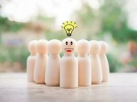 Wooden business figure with light bulb for leadership, creative, idea, innovation concept. photo