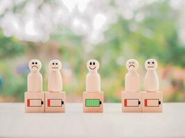 Wooden human figure with status of battery icons. Full and low battery icons. photo