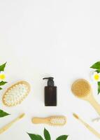 Directly above view of spa products on white background, Healthcare spa concept with copy space photo