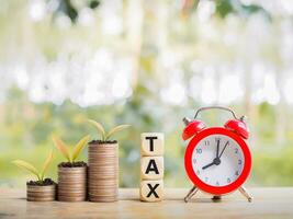 Plants growing up on stack of coins, Red alarm and wooden blocks with the word TAX. The concept of paying tax for every thing. photo