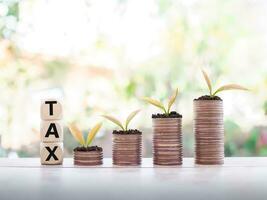 Wooden blocks with the word TAX and plants growing up on stack of coins. The concept of paying tax for every thing. photo