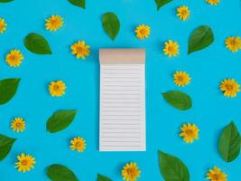 Directly above view of blank notebook with orange flower and green leaf on blue background. photo