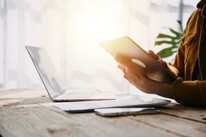 Business Man Financial Inspector and Secretary Making Report, Calculating or Checking Balance. Internal Revenue Service Inspector Checking Document Audit Concept photo