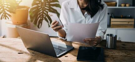 Business Man Financial Inspector and Secretary Making Report, Calculating or Checking Balance. Internal Revenue Service Inspector Checking Document Audit Concept photo