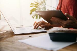 Business Man Financial Inspector and Secretary Making Report, Calculating or Checking Balance. Internal Revenue Service Inspector Checking Document Audit Concept photo