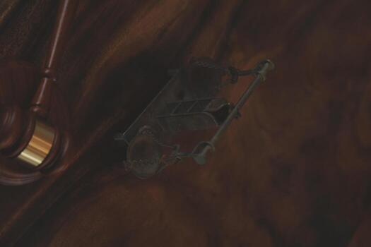 Justice and law concept.Male judge in a courtroom with the gavel, working with, computer and docking keyboard, eyeglasses, on table in morning light photo