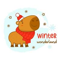 Cool card with cute winter capybara in knitted hat and scarf. Vector illustration. Funny animal character rodent for cards, design, print, kids collection.