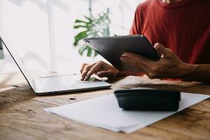 Business Man Financial Inspector and Secretary Making Report, Calculating or Checking Balance. Internal Revenue Service Inspector Checking Document Audit Concept photo