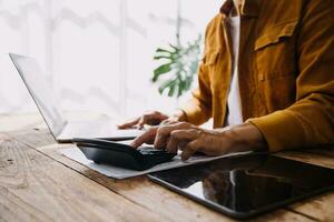 Business Man Financial Inspector and Secretary Making Report, Calculating or Checking Balance. Internal Revenue Service Inspector Checking Document Audit Concept photo