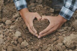 Symbol heart earth day. Handful of dirt hands heart shape. Farm organic earth. Farmer hands soil ground earth dirt garden soil farm ground. Male hands full of fertile land field agriculture concept photo