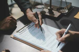 Customer service good cooperation, Consultation between a Businessman and Male lawyer or judge consult having team meeting with client, Law and Legal services concept. photo
