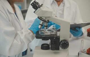 Health care researchers working in life science laboratory. Young female research scientist and senior male supervisor preparing and analyzing microscope slides in research lab. photo