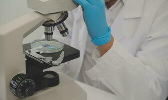 investigadores de atención médica que trabajan en el laboratorio de ciencias de la vida. joven científica investigadora y supervisora masculina senior preparando y analizando portaobjetos de microscopio en el laboratorio de investigación. foto