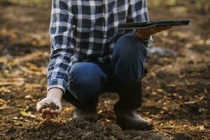 Male hands touching soil on the field. Expert hand of farmer checking soil health before growth a seed of vegetable or plant seedling. Business or ecology concept. photo