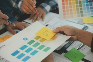 Close up ux developer and ui designer brainstorming about mobile app interface wireframe design on table with customer breif and color code at modern office.Creative digital development agency photo