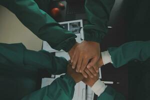 Doctor and female patient meeting at the hospital and shaking hands, healthcare and medicine banner photo