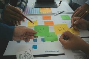 Close up ux developer and ui designer brainstorming about mobile app interface wireframe design on table with customer breif and color code at modern office.Creative digital development agency photo