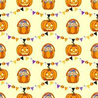 Cute Halloween background with a basket full of sweets, a jack o lantern and a garland bunting. Decor for Halloween celebration. For wallpaper, gift paper, fabric, holiday decoration, greeting cards. vector