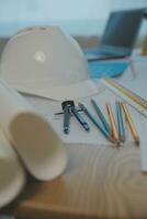Construction and structure concept of Engineer or architect meeting for project working with partner and engineering tools on model building and blueprint in working site, contract for both companies. photo