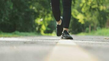 un' giovane donna corridore corre a tramonto nel un' parco nel il parco. video