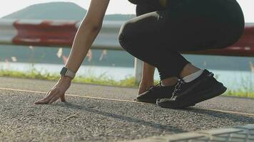 un' giovane donna corridore corre a tramonto nel un' parco nel il parco. video