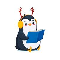 Cartoon cute funny penguin character with a book vector