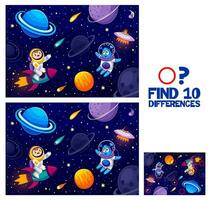 Find ten differences game, cartoon astronaut alien vector