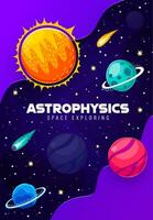 astrofísica póster, galaxia planetas y estrellas vector