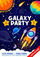 galaxia fiesta póster con estrellado espacio y cohetes vector