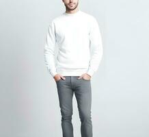 Young man wearing blank white sweater mockup print presentation mockup ai generate photo