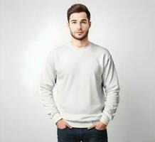 joven hombre vistiendo blanco blanco suéter Bosquejo impresión presentación Bosquejo ai generar foto