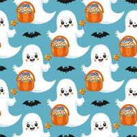 Background with Halloween ghost, pumpkin basket with candies, bat on a blue background. Seamless Halloween pattern. For wallpaper, gift paper, fabric, holiday decoration, greeting cards. Vector