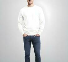 Young man wearing blank white sweater mockup print presentation mockup ai generate photo