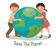 Cute kids hugging earth globe showing care for the planet celebrating earth day vector