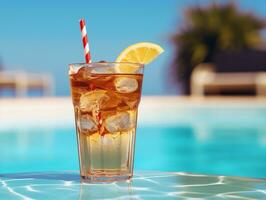 ai generativo verano frío bebida foto en piscina