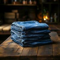 Ai Generated blue jeans denims with wood background photo
