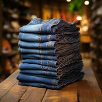 Ai Generated blue jeans denims with wood background photo