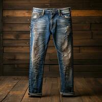 Ai Generated blue jeans denims with wood background photo