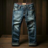 Ai Generated blue jeans denims with wood background photo