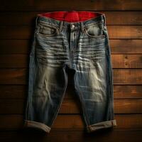 Ai Generated blue jeans denims with wood background photo