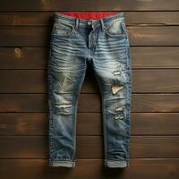 Ai Generated blue jeans denims with wood background photo