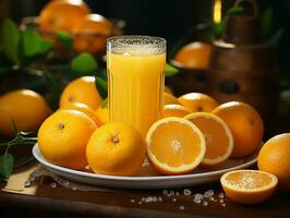 AI Generated Orange juice on wood table photo