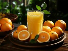 AI Generated Orange juice on wood table photo