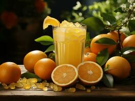 AI Generated Orange juice on wood table photo